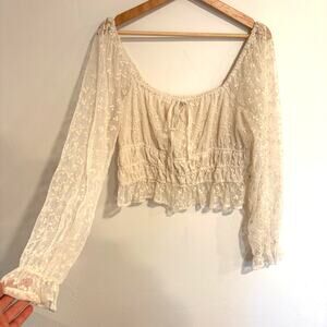 Japna Cream Lace Crop Top Womens M Long Sleeve Coquette Cottagecore Boho Fairy
